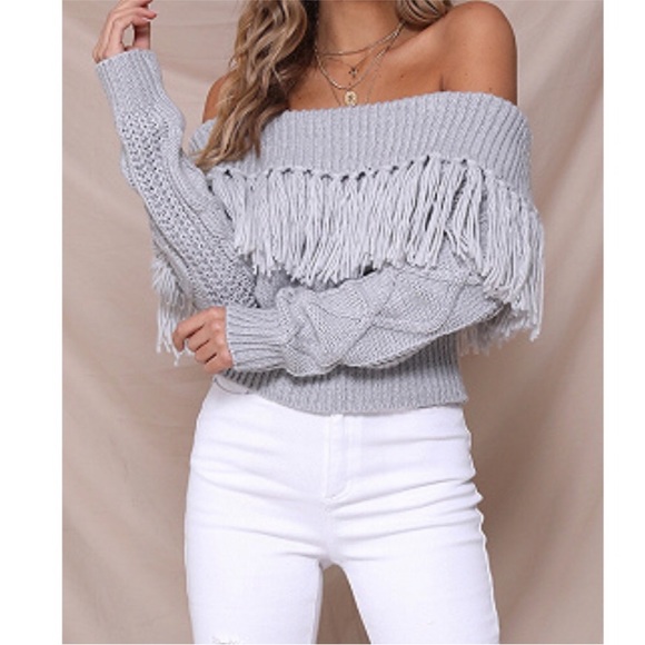 New! Bohemian fringe white knit, off the the shoulder sweater - Picture 2 of 6